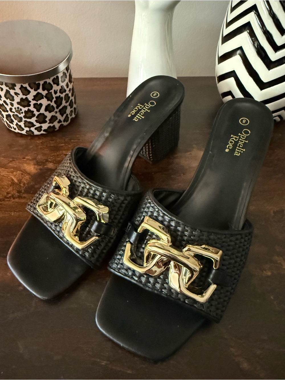 Ophelia Rose Black Woven Slide Mules with Gold Chain Accent